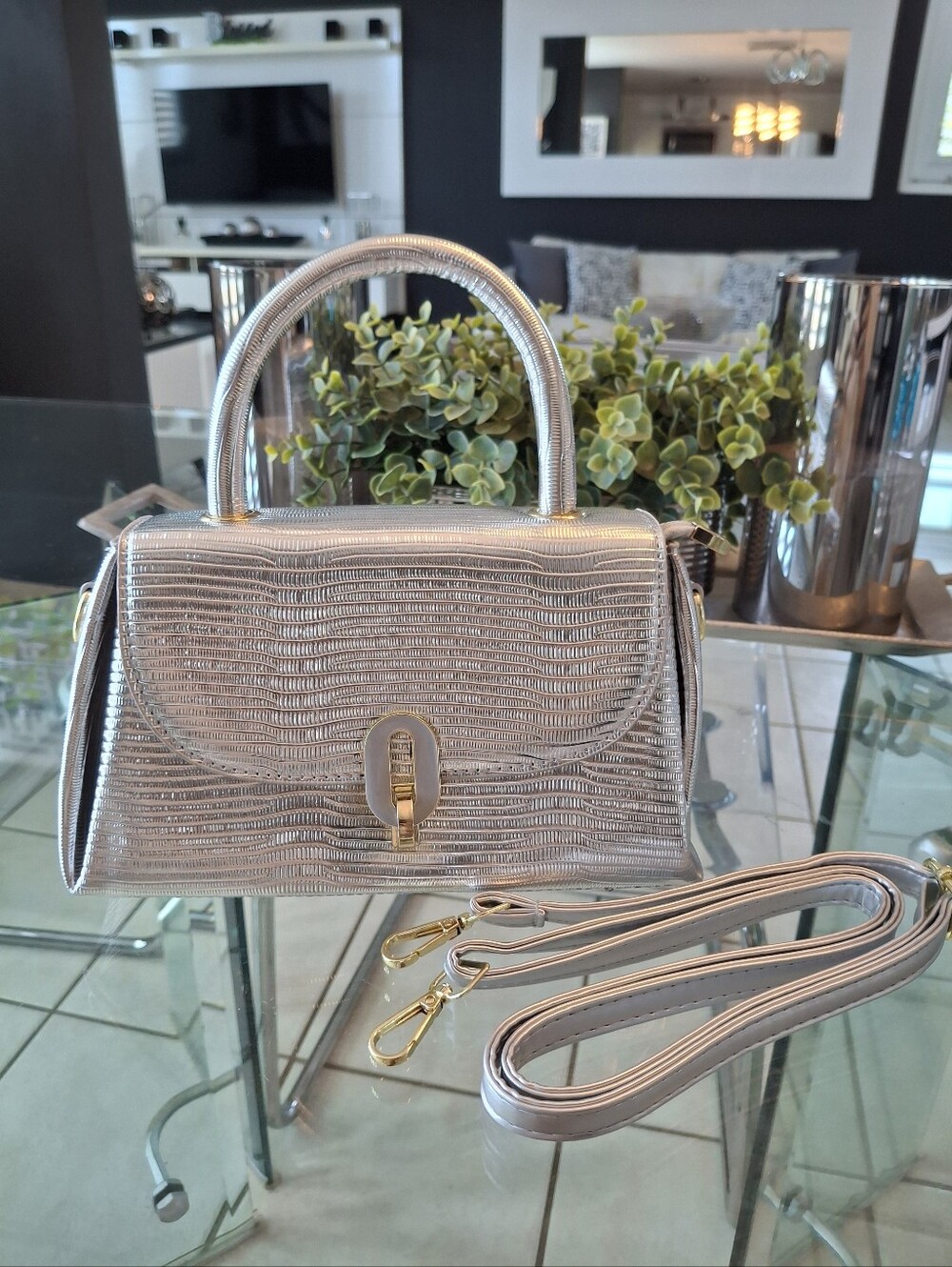 Silver Textured Top-Handle Satchel with Gold Hardware